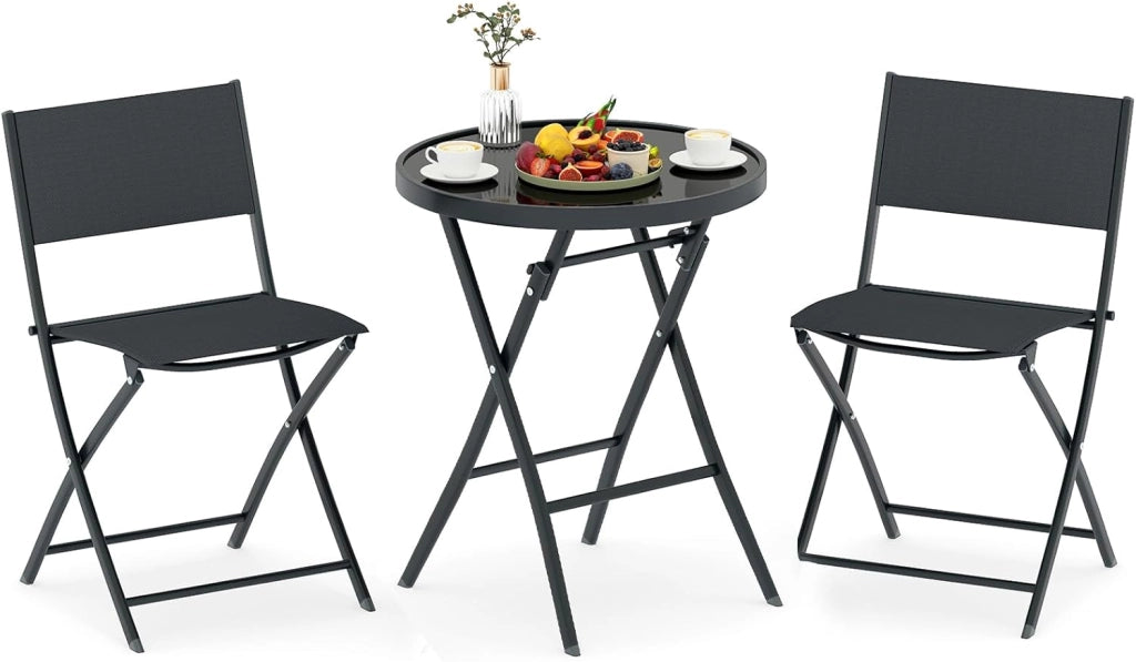 Set da bistrot da 3 pezzi, pieghevole, set da giardino in tessuto tessile con telaio in metallo, set da tavolo in vetro temperato e 2 sedie, set da pranzo per balcone, terreza