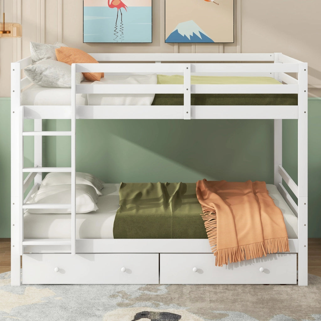 Letto a castello 140x200 cm in pino e MDF con cassetti e scala; bianco