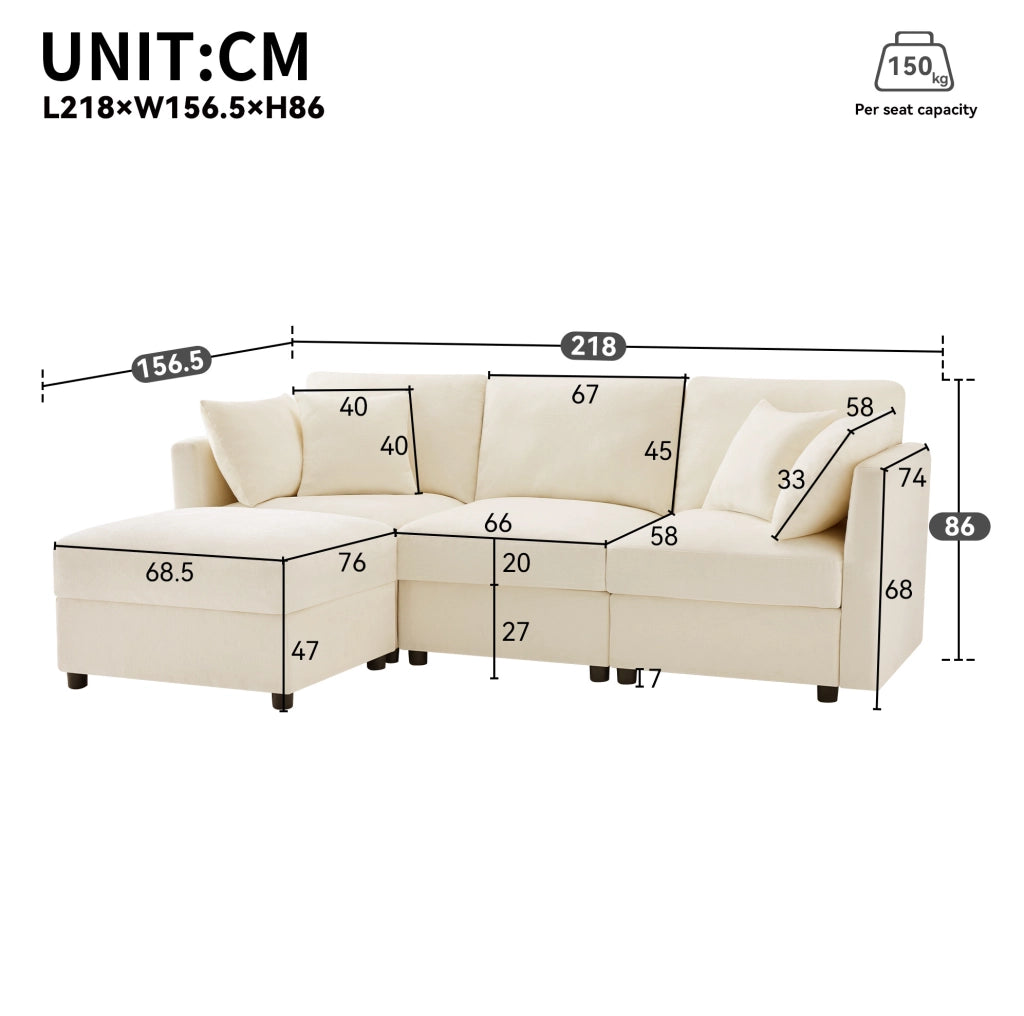 Divano 3 posti con pouf mobile e braccioli regolabili in ciniglia beige