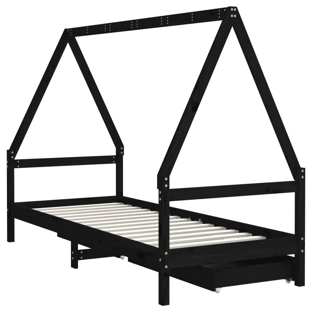 Giroletto Bambini | Letto Infantile | Lettino con Cassetti Nero 90x200cm Massello di Pino