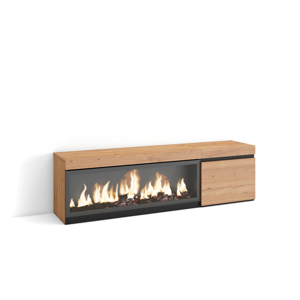Mobile TV Soggiorno, 158x35x45cm, Per TV fino a 65", Camino elettrico XXL, colore Rovere RF3249