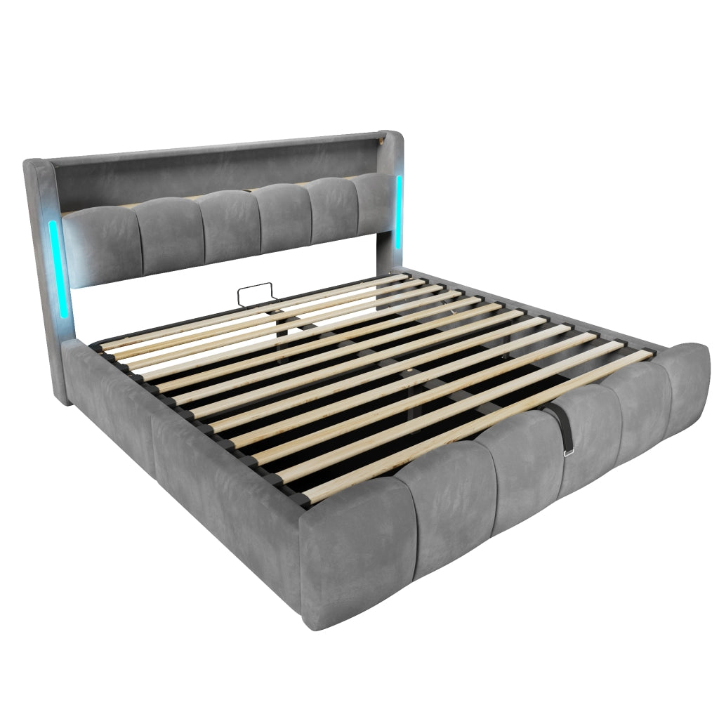 Letto contenitore 180×200 cm; letto matrimoniale con LED; testiera con vano; USB e Type-C; senza materasso; velluto