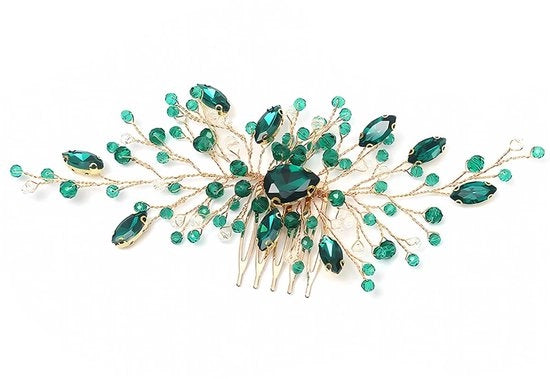 Accessori capelli - Fregi dorati a forma di foglie di vino - Piccoli cristalli verdi - Accessori capelli - Lega leggera - Alta qualità - 17 x 7 cm - Accessorio capelli