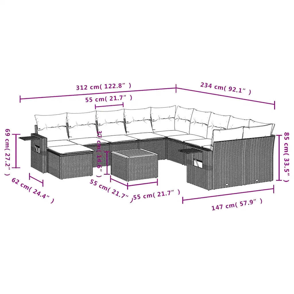 Set Divani da Giardino 12 pz con Cuscini Grigio in Polyrattan 3224864