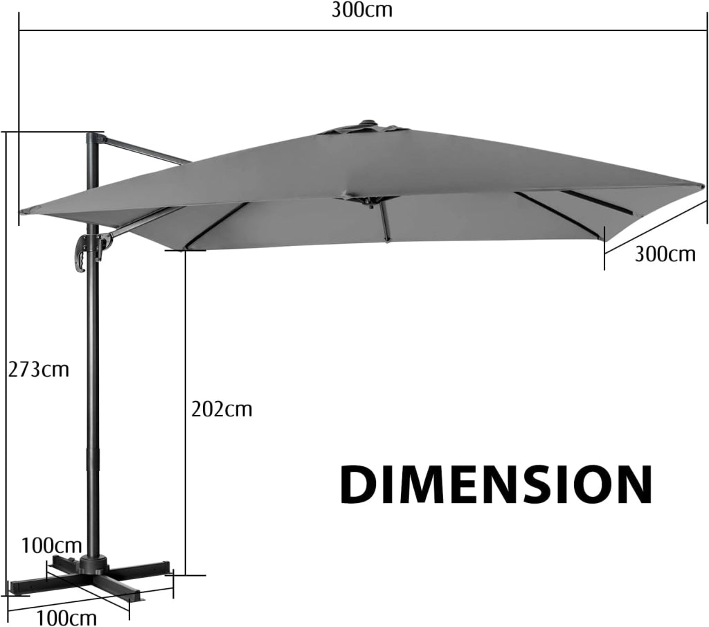 Ombrellone da Balcone 300 cm, Rettangolare da Giardino Decentrato e Pieghevole, Rotazione a 360°, con Base a Croce e Manovella, Ombrellone da Giardino per Esterno e Terrazzo (Grigio)