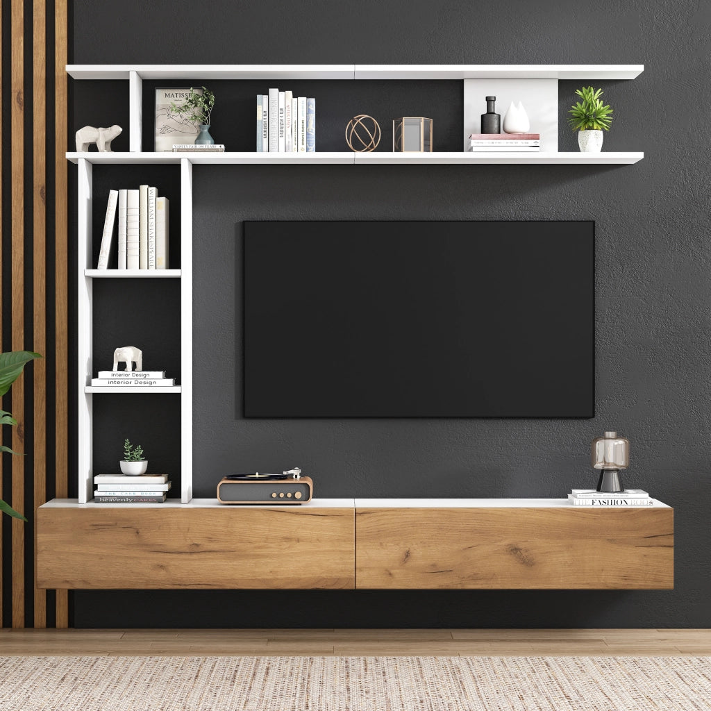 Cassettiera TV bianca e rovere in truciolare lunghezza 180 cm