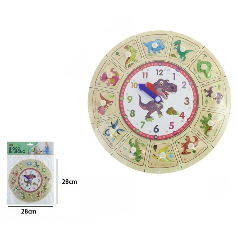 Trade Shop - Orologio Puzzle Legno Educativo Gioco Con Tessere A Incastro A Dinosauri Con Pomelli 53766 -