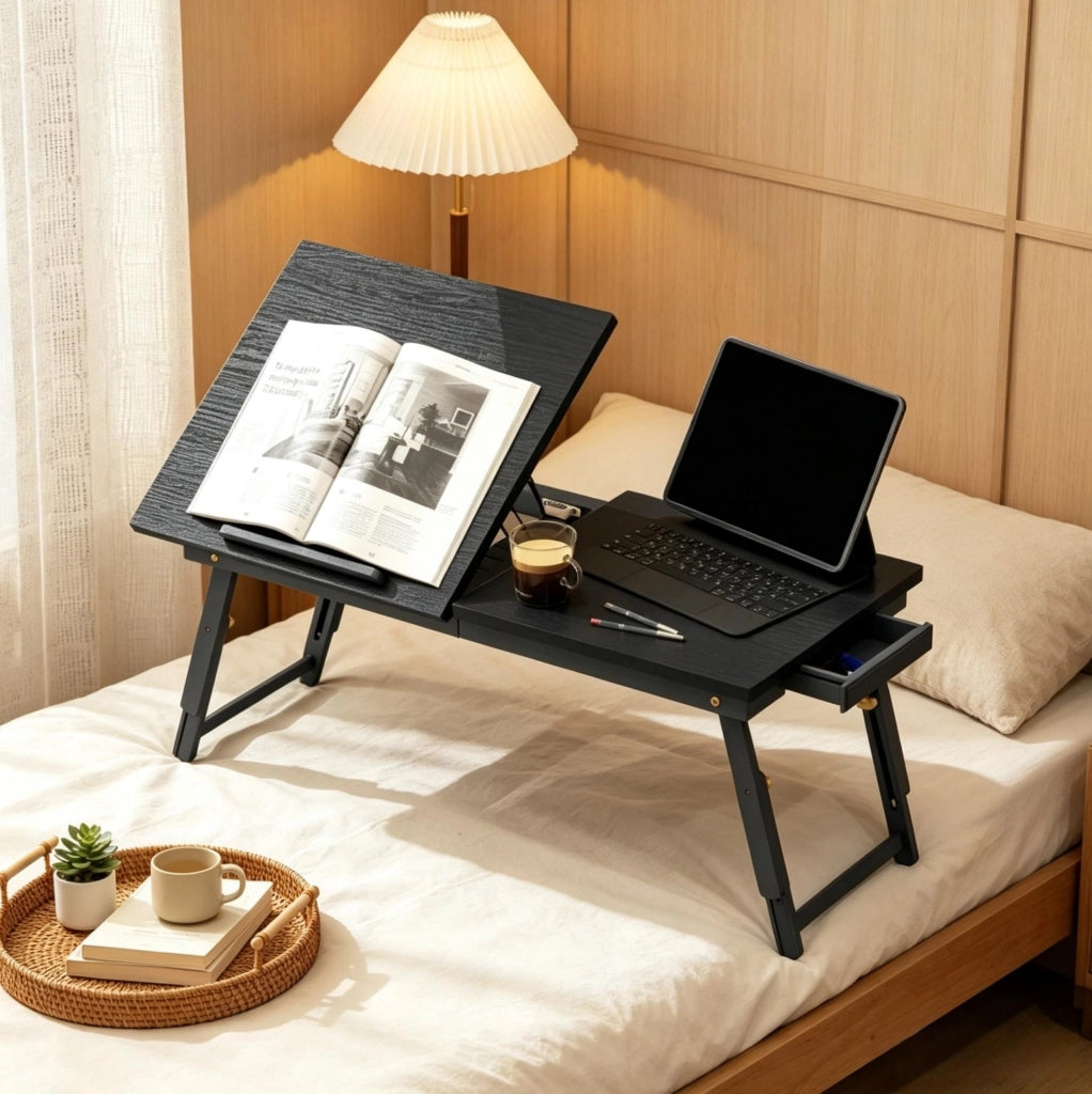 Tavolino da letto pieghevole e regolabile in bambù con piano inclinabile 70x33 cm nero