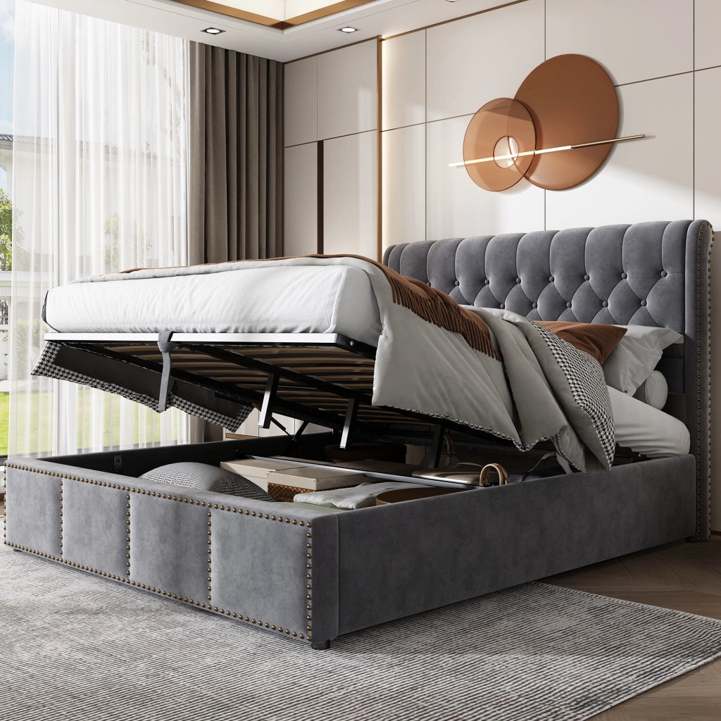 Letto imbottito 160x200 cm in velluto grigio con contenitore e testiera alta 102;5 cm