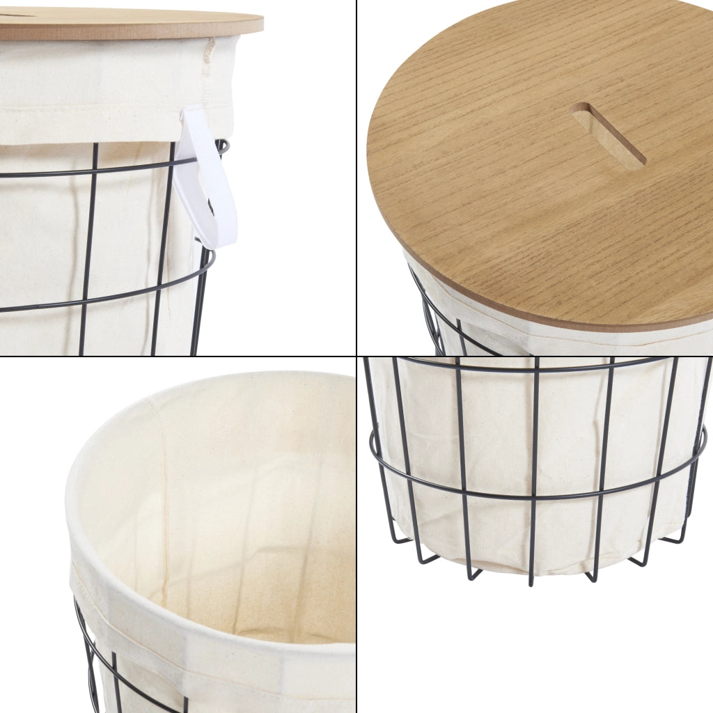 Cesto per Bucato 'Skive' Portabiancheria in Metallo con Coperchio in MDF e Sacco in Tessuto - Capienza 40 L [en.casa]