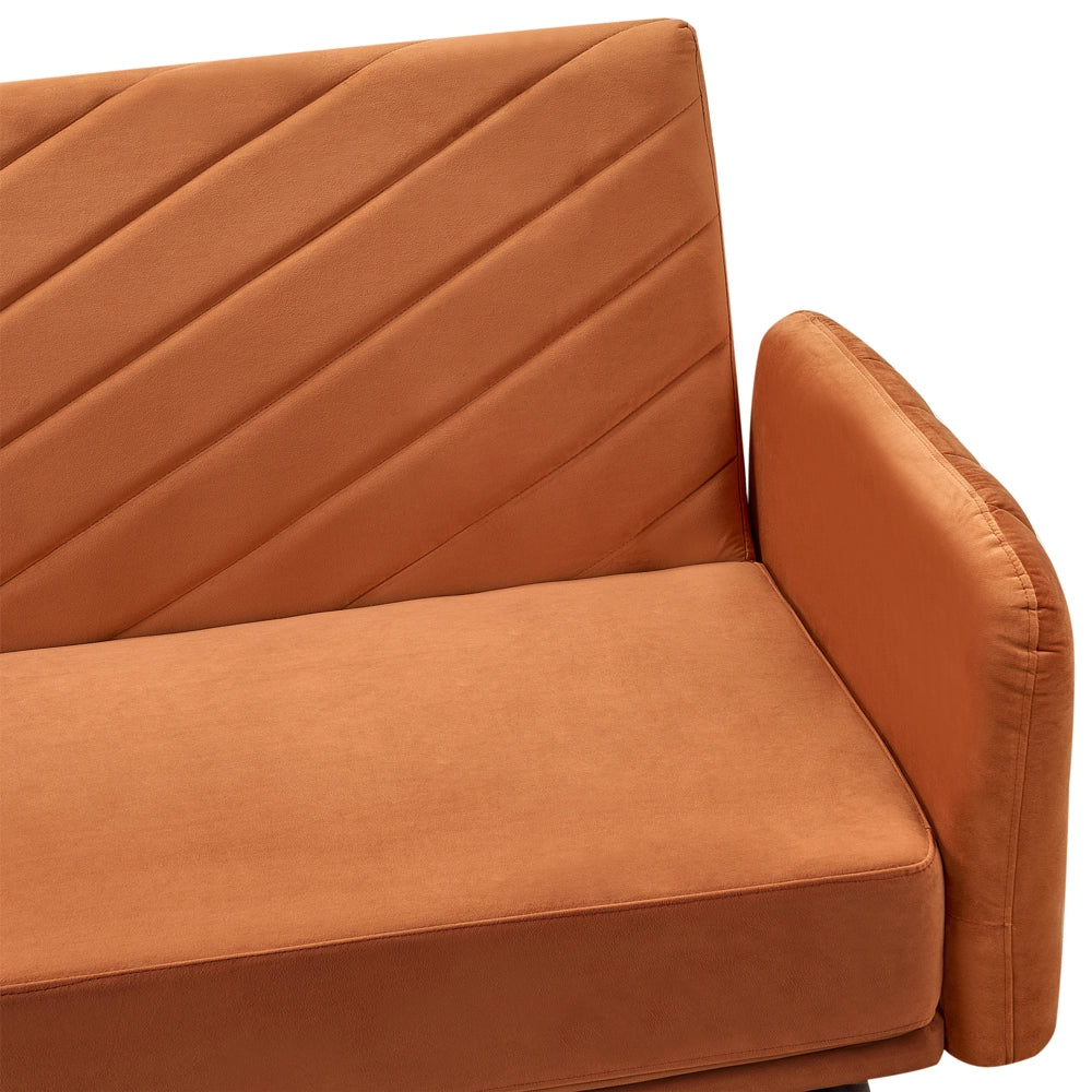 Divano Letto Tessuto Velluto Arancione Retro Soggiorno 3 Posti Gambe In Legno Bracci Pista