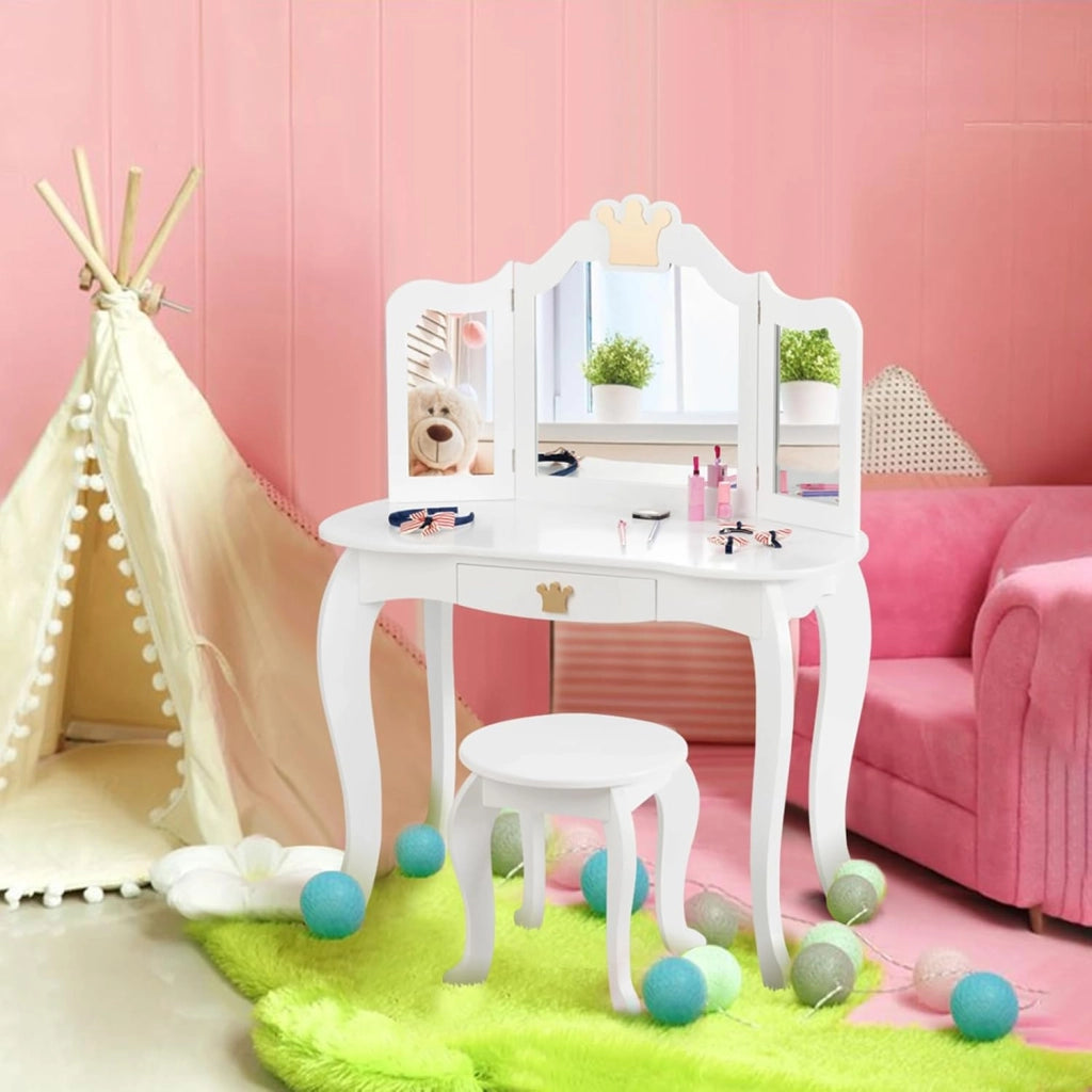 Toeletta Trucco per Bambina Staccabile, Specchiera per Ragazza in Legno con Sgabello e Cassetto, Postazione Trucco 2 in 1 per Cameretta e Cmera da Letto, 80x42x105cm (Bianco)