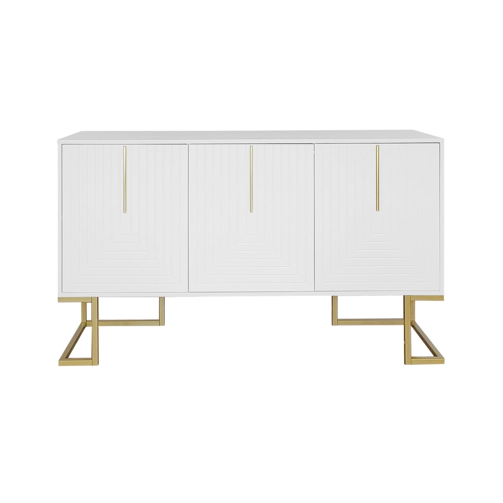 Credenza a 3 ante con ripiani regolabili e base in metallo per soggiorno cucina e sala da pranzo; bianco
