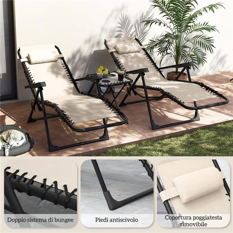SET 2 SEDIE SDRAIO A GRAVITÀ ZERO PIEGHEVOLI CON SCHIENALE REGOLABILE E TAVOLINO BEIGE