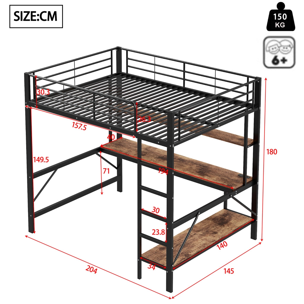 Letto a soppalco multifunzione; 140x200cm; presa USB; mensole da scrivania LED; nero