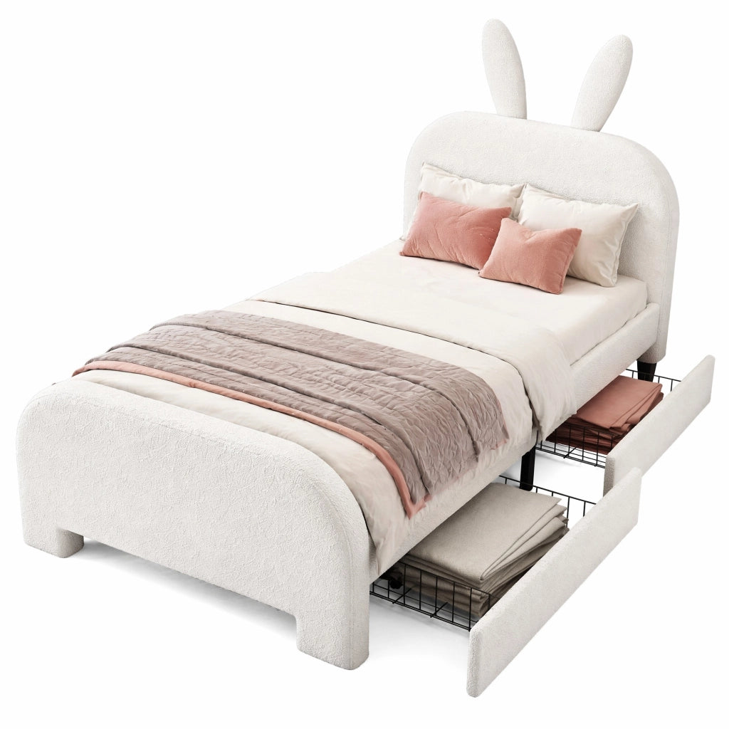 Letto per bambini 90x200 cm imbottito con testiera a forma di coniglio; 2 cassetti; bianco