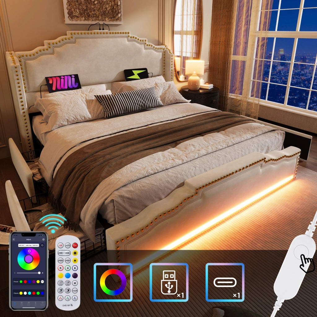 DESMIU Letto matrimoniale 140 × 200 cm 2 posti con 4 cassetti, LED, USB e Type-C, senza materasso, beige