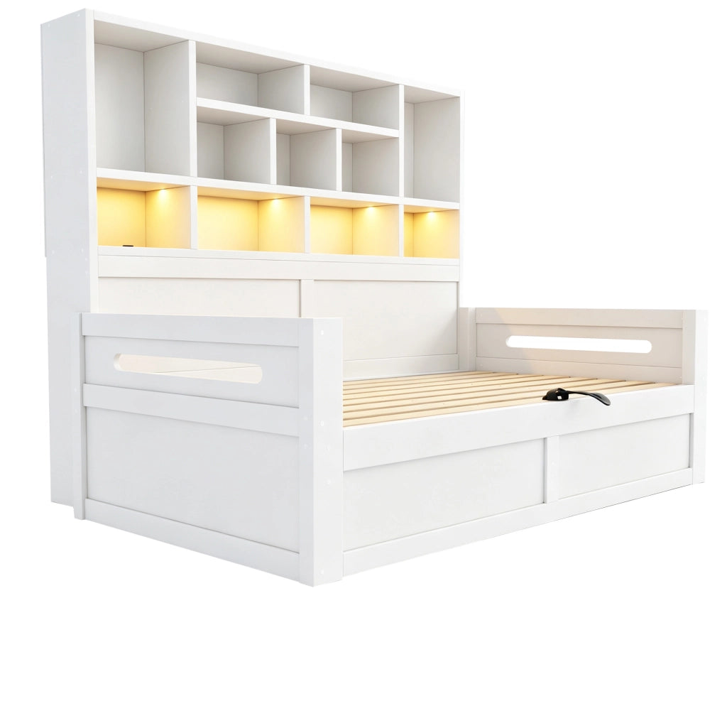 Letto singolo 90x200 cm con vano idraulico; LED e prese; MDF bianco
