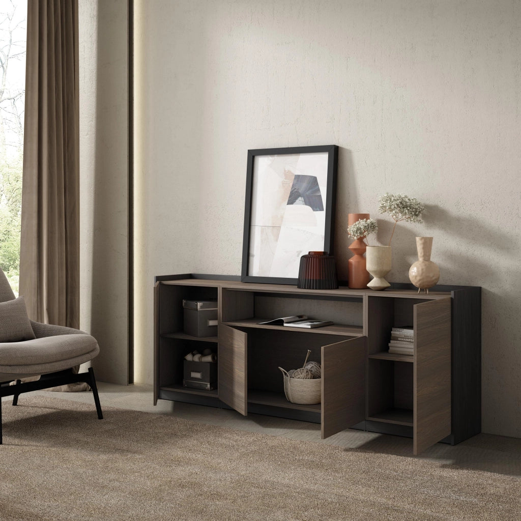 Credenza, Mobile, Cucina, 207x80x37 cm, 4 Porte, grande stoccaggio, Rovere scuro e Nero