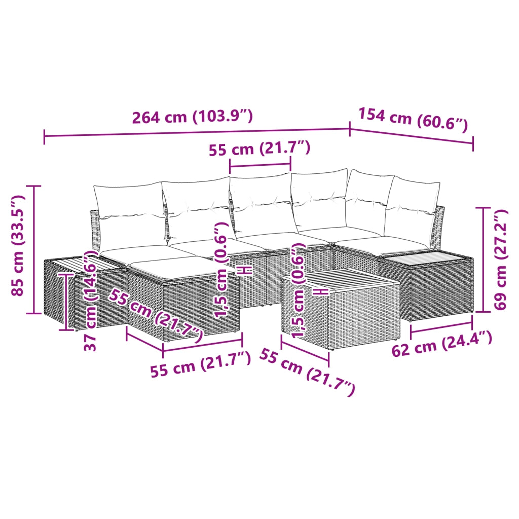 Set di divani da giardino in 7 pezzi con cuscini neri in polyrattan e acacia