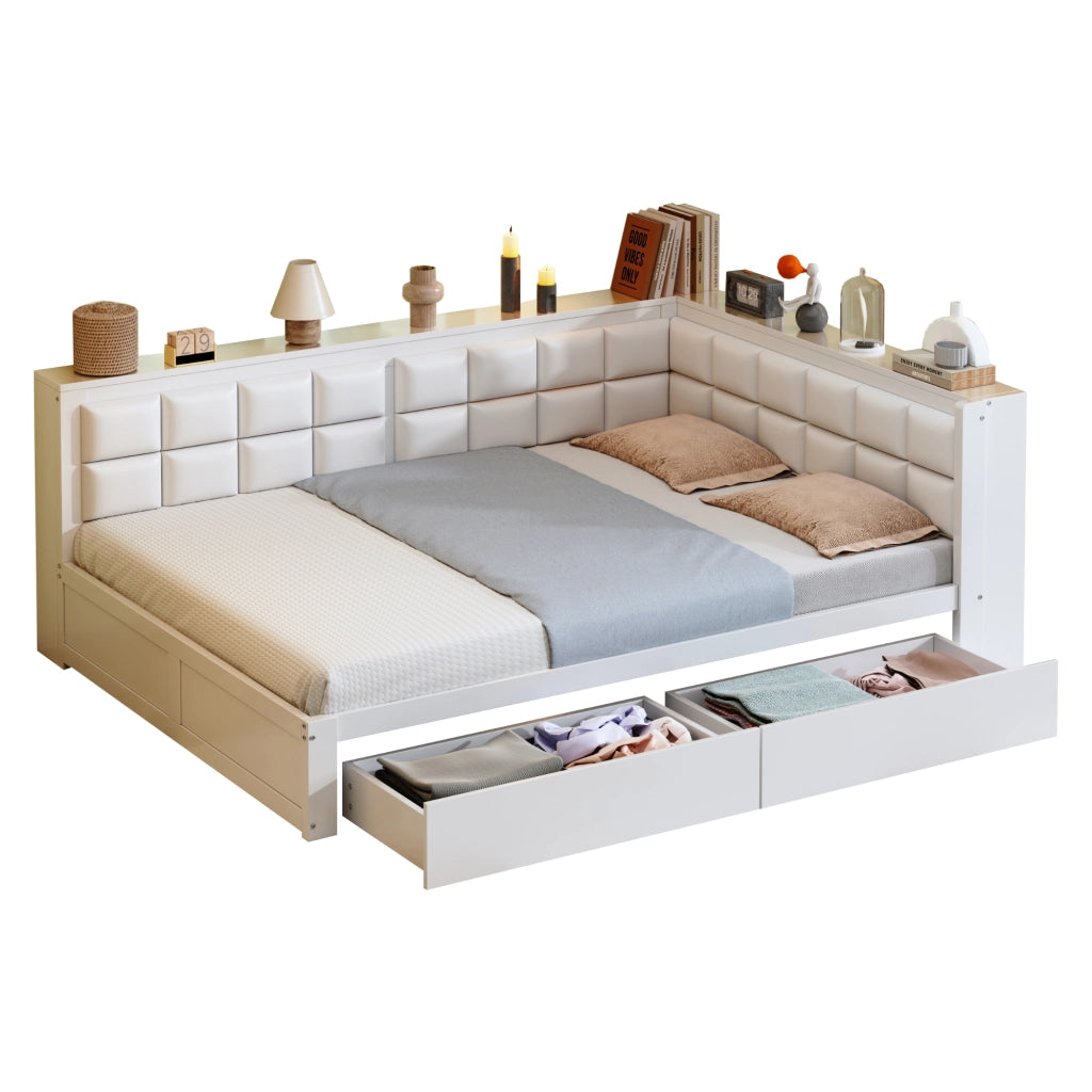Letto salvaspazio una piazza e mezza 140×200 cm con 2 cassetti; testiera morbida e rete; senza materasso; legno bianco