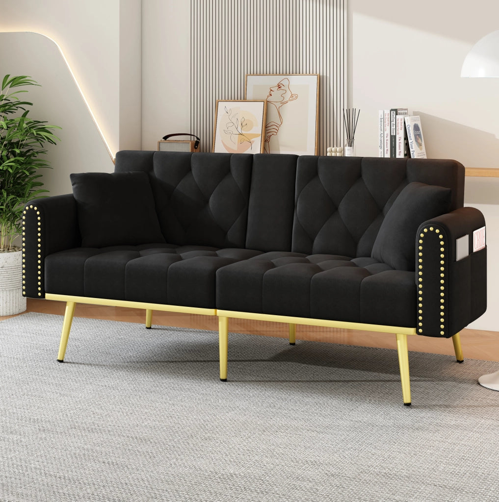 Divano letto 2-3 posti con schienale reclinabile a 3 angoli; velluto nero 175 cm