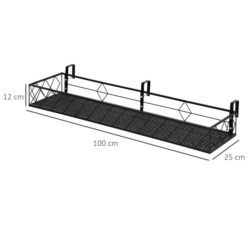 FIORIERA DA ESTERNO PORTAVASO CON GANCI PER RINGHIERA E BALCONE IN METALLO 100X31X12 CM NERO