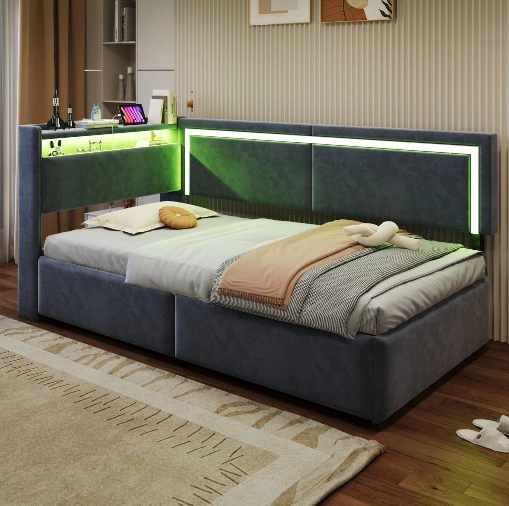 Divano letto imbottito 90x200 cm in velluto grigio con LED; USB e contenitore