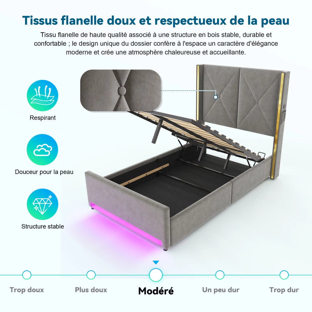 Letto Contenitore Singolo 90x200 cm con USB; Type-C; LED e Tasche; in Velluto; Grigio Scuro