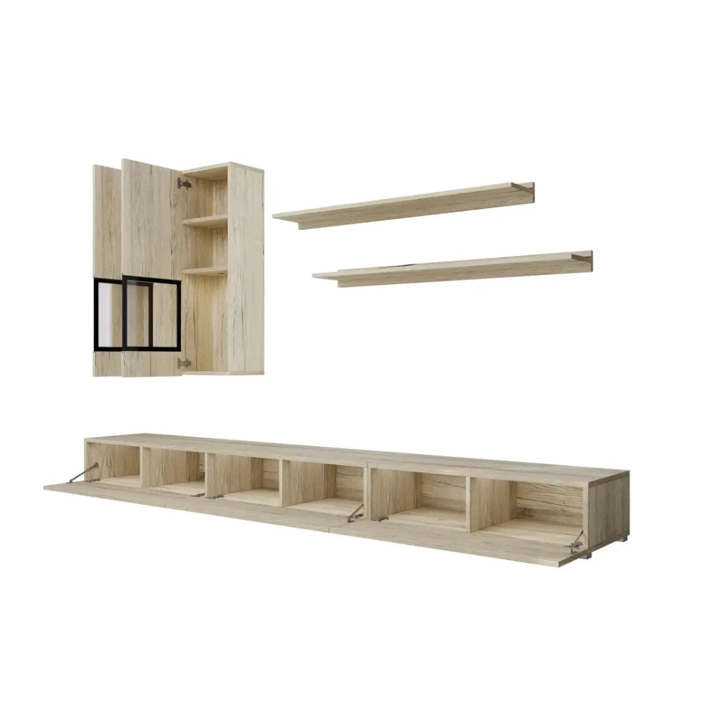 Set soggiorno RAMOS – LED multicolori integrate – Rovere e nero - Mobile TV, vetrine, scaffali
