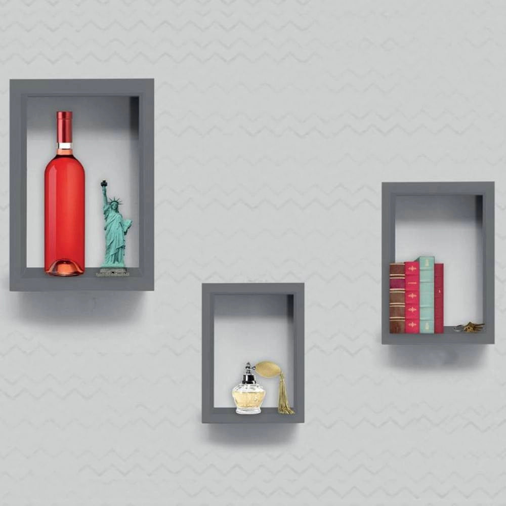 Trade Shop - Set 3 Mensole Da Muro A Parete Design Moderno Cubo Rettangolare In Legno Grigio -