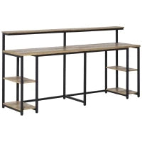 Scrivania Doppia con Scaffali e Mensola per Monitor in Stile Industriale, Scrivania con Libreria Salvaspazio per Ufficio e Studio in Metallo e MDF, 200x53x100cm, Nero Marrone