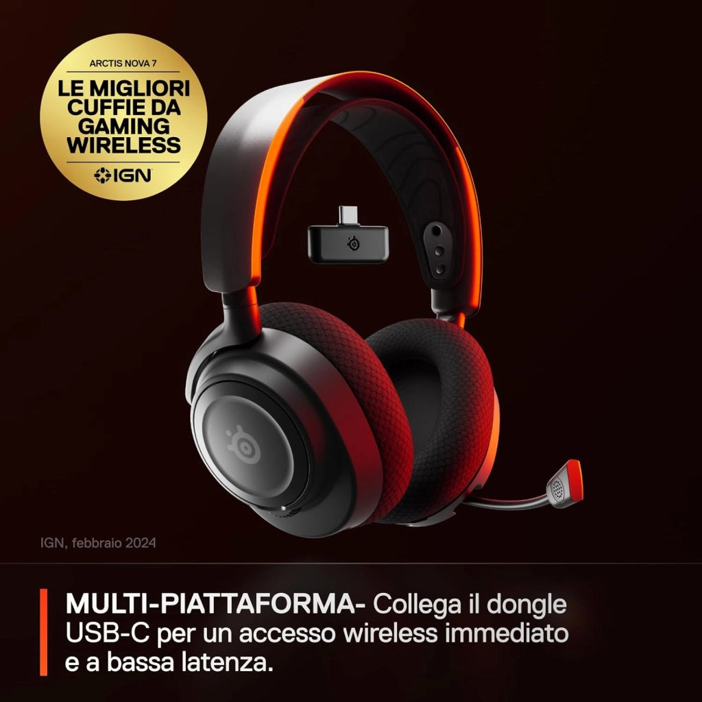 Arctis Nova 7 Cuffia da gaming multipiattaforma wireless - Driver magnetici al neodimio - 2.4GHz + Bluetooth mixabile - Batteria USB-C da 38 ore - Mic ClearCast Gen2 AI - PC, PS5,VR,Mobile