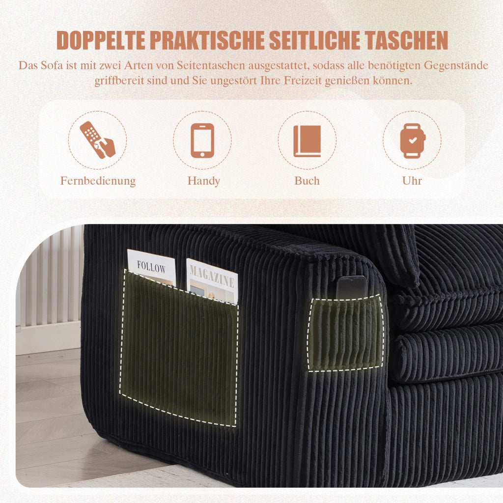 Divano lineare 2 posti con tasche laterali e cuscini per soggiorno in tessuto a coste nero