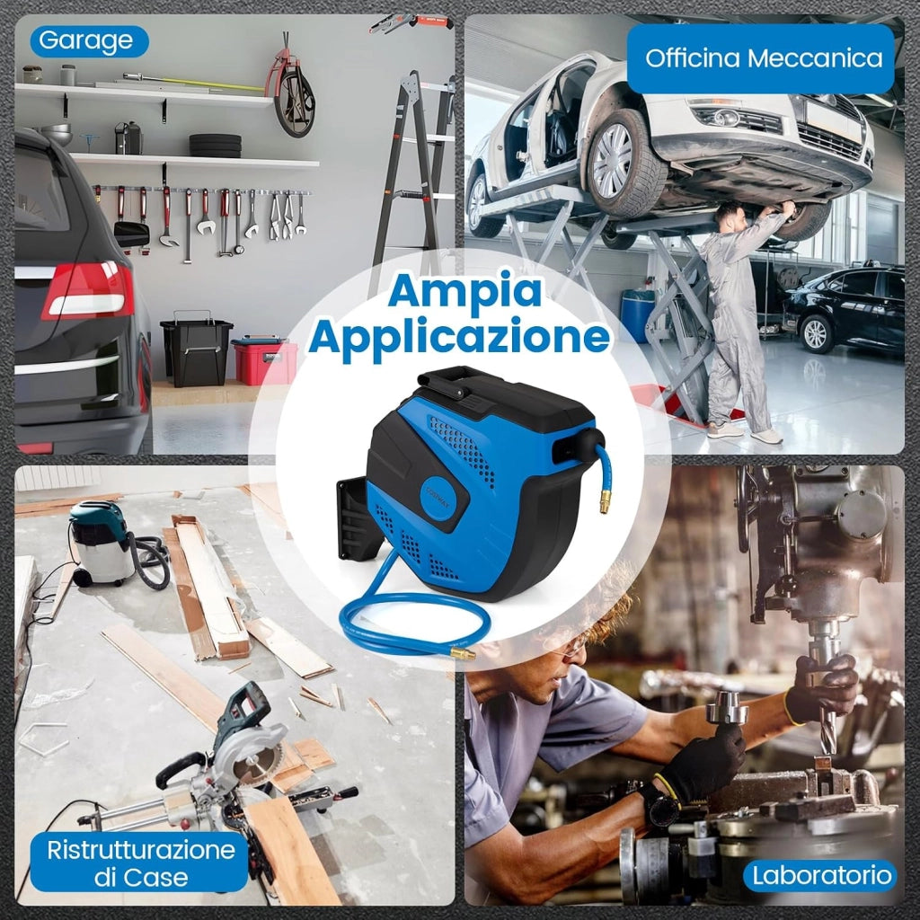 Avvolgitubo Aria Compressa da Parete, Tubo Aria Ibrido da 15 M con Tubo di Alimentazione da 1,5 M, Supporto Girevole a 180°, Avvolgitubo Automatico Retrattile per Garage e Officina