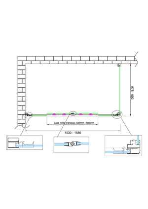 Box doccia 6 mm H 190 parete fissa e porta a 4 ante con apertura centrale MISURA 87,5-90 ANTA FISSA + PORTA 153-158 