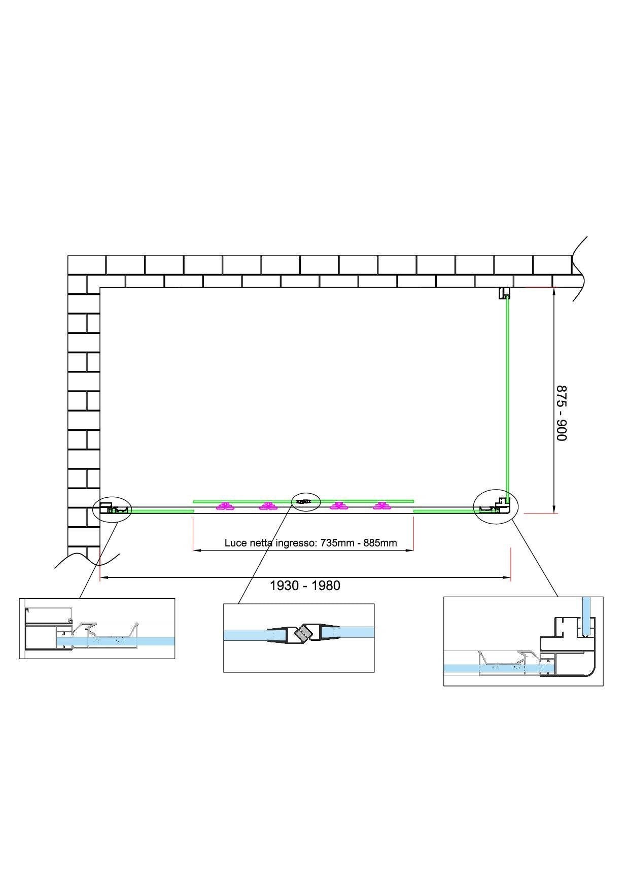 Box doccia 6 mm H 190 parete fissa e porta a 4 ante con apertura centrale MISURA 87,5-90 ANTA FISSA + PORTA 193-198 