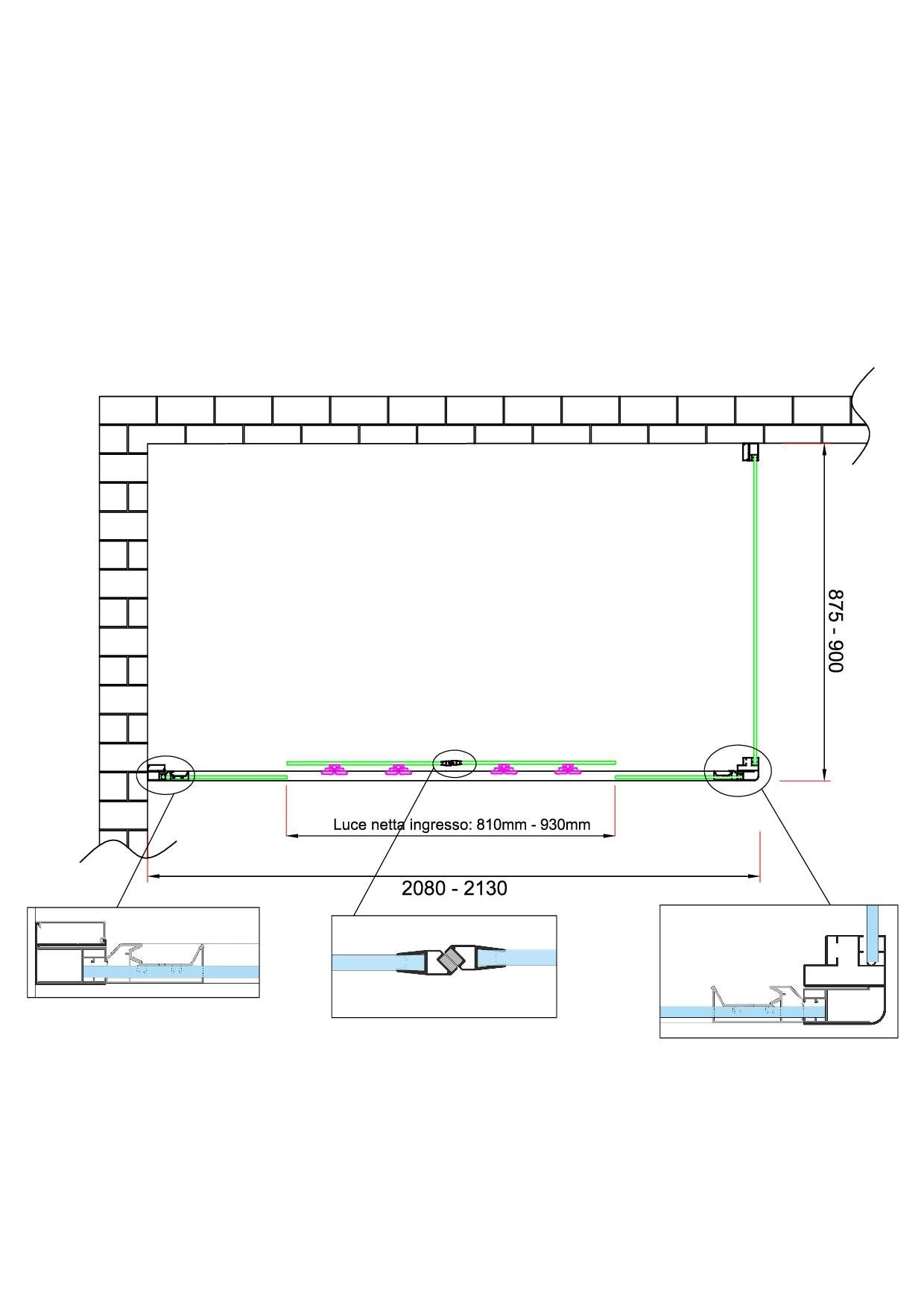 Box doccia 6 mm H 190 parete fissa e porta a 4 ante con apertura centrale MISURA 87,5-90 ANTA FISSA + PORTA 208-213 