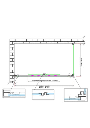 Box doccia 6 mm H 190 parete fissa e porta a 4 ante con apertura centrale MISURA 87,5-90 ANTA FISSA + PORTA 208-213 