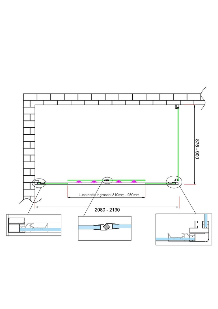 Box doccia 6 mm H 190 parete fissa e porta a 4 ante con apertura centrale MISURA 87,5-90 ANTA FISSA + PORTA 208-213 