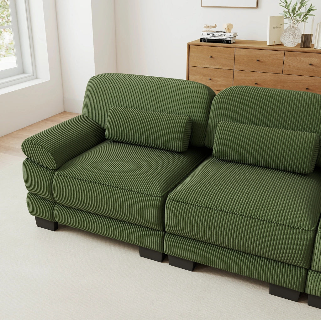 Divano modulare 336x88,5x94 cm in velluto a coste verde con cuscino lombare