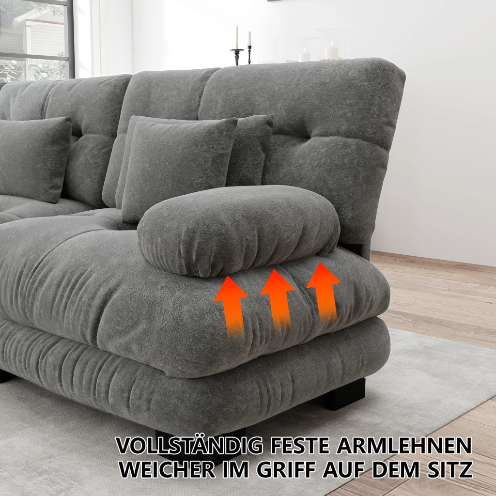 Divano modulare cloud con 2 pouf 2 cuscini lombari e 2 cuscini decorativi braccioli ampi in ciniglia grigio