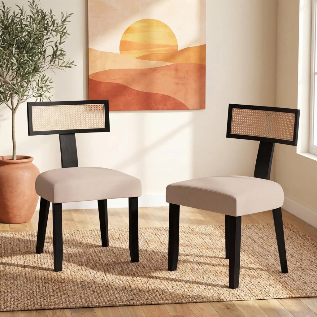 Sedia da Pranzo Imbottita, Sedia da Cucina con Sedile in Tessuto Lino e Schienale Curvo in Rattan, Portata 180 kg, Sgabello Moderno per Soggiorno e Sala da Pranzo, 56x55,5x92,5 cm (Nero)