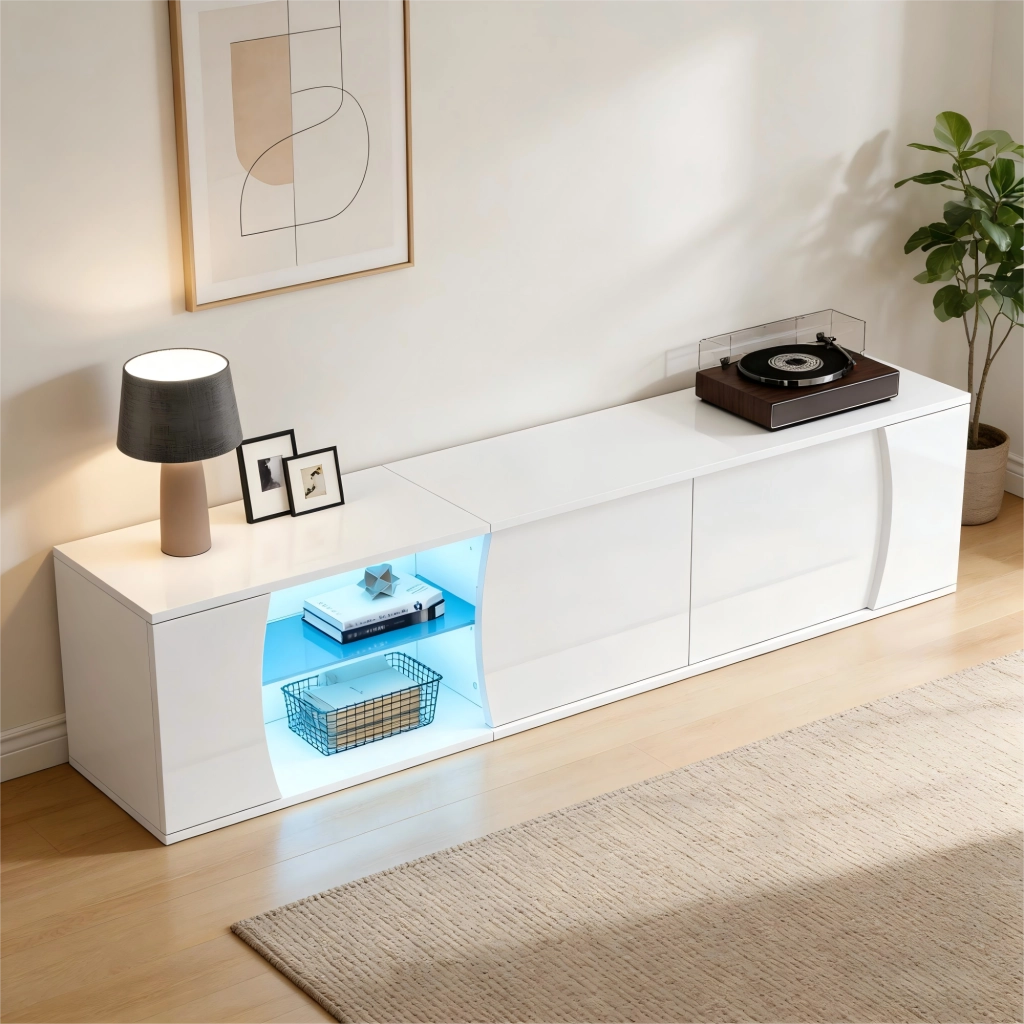 Mobile TV con 3 ante; ripiani e illuminazione LED - per soggiorno - 180 x 40 x 45 cm - bianco