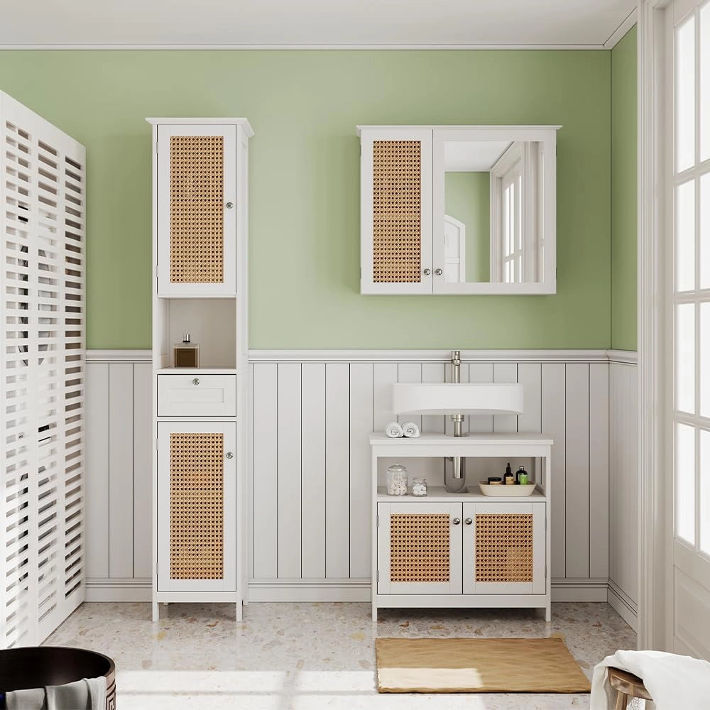Armadio per il bagno Rosario, Bianco, 32 x 170 cm con 2 ante e cassetto, per la conservazione di articoli da bagno e asciugamani