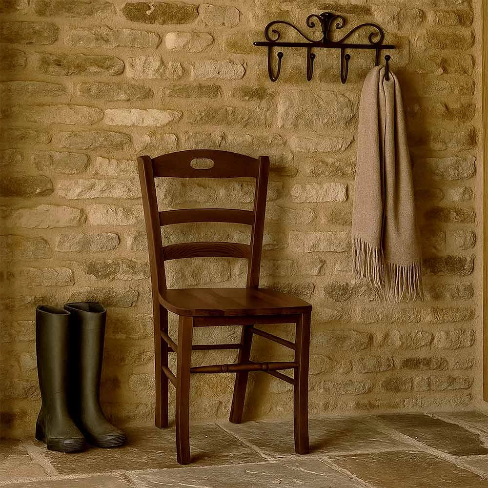 Sedia da sala da pranzo cucina Loris in legno noce scuro con seduta in massello