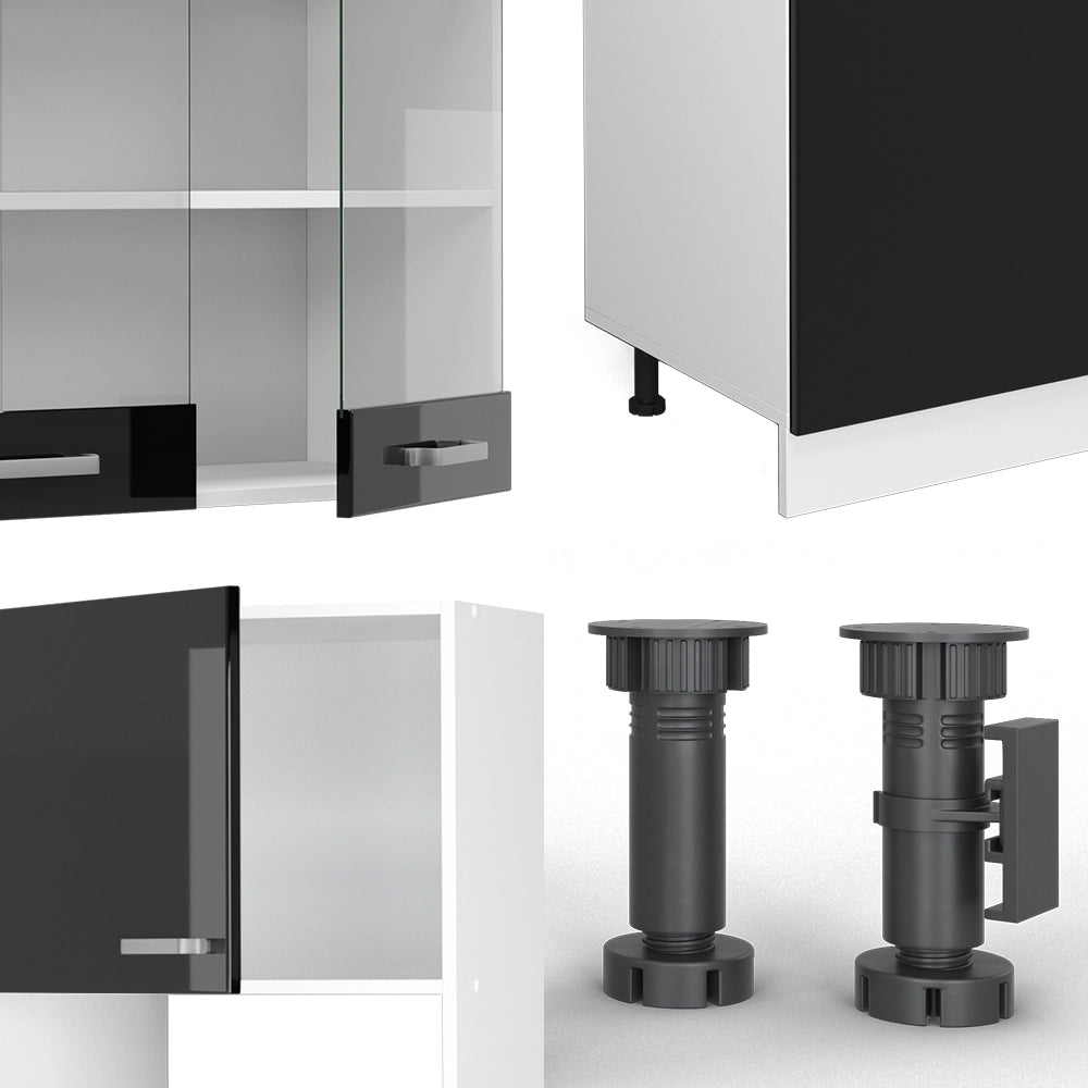 Vicco Cucina componibile Nero lucido 300 cm con armadio alto, PL Marmo