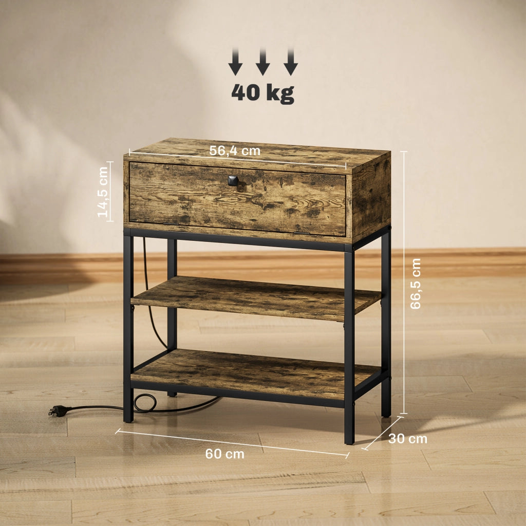Tavolino da Salotto con Cassetto, Ripiani e Prese USB ¨C Zephmum ¨C Marrone R¨²stico 60x30x66,5 cm