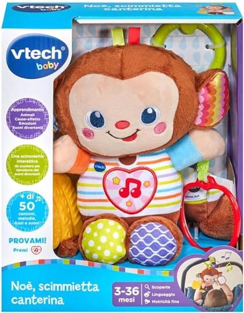 VTech Noe Scimmietta Canterina, Sonaglio Neonato con Sensore di Movimento e Cuore Luminoso, Gioco Neonato con piu di 50