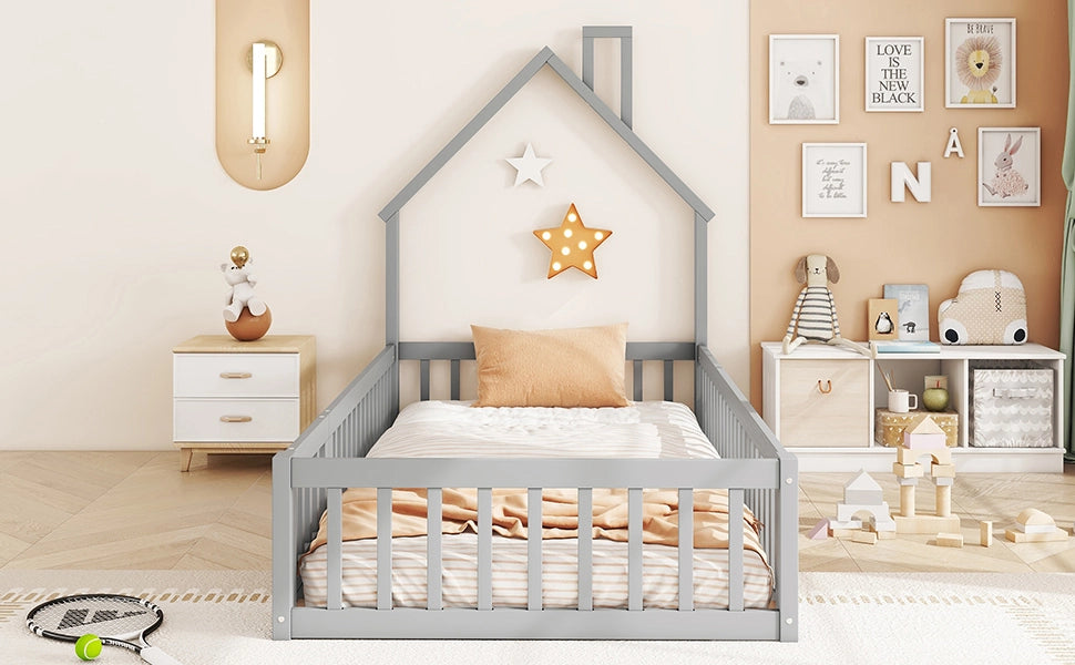 DESMIU Letto casetta letto singolo 90 × 200 cm con barriera di sicurezza e forma camino, senza materasso